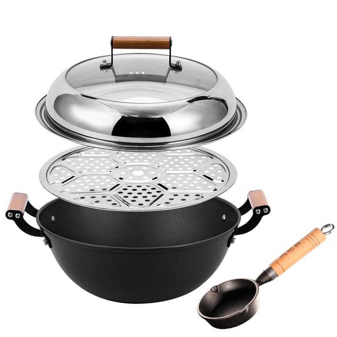  32CM Cast Iron Steamer & Braiser Set with 13cm Splatter Pan – Healthy Even Heating Multi-Purpose
