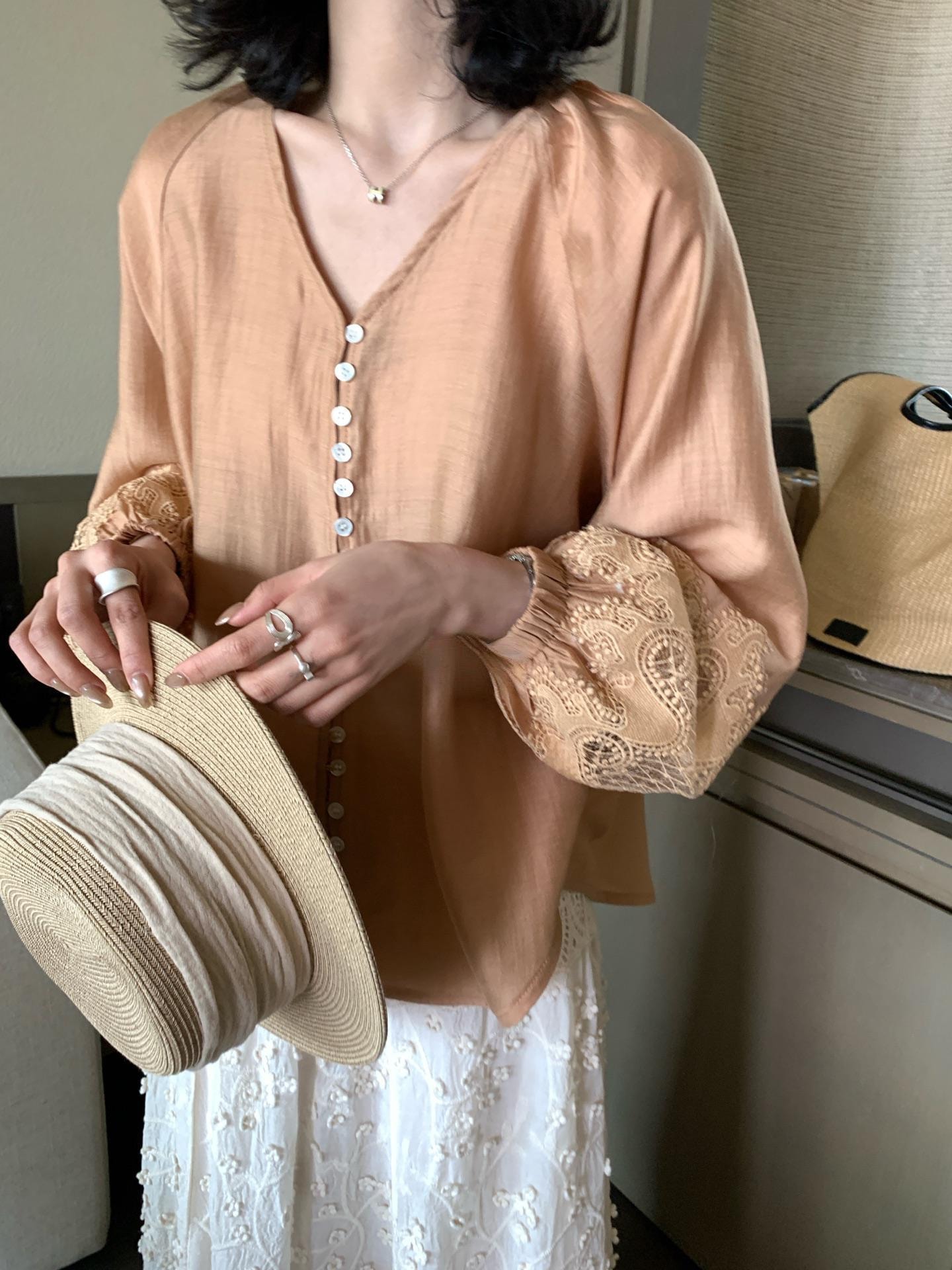 【加拿大直邮】 加拿大 SCENARIO 琥珀微光蕾丝袖上衣 均码 橙色