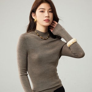 【中国直邮】 HSPM 简约时尚扬子纱半高领羊毛衫18针无缝打底衫 浅咖 XL