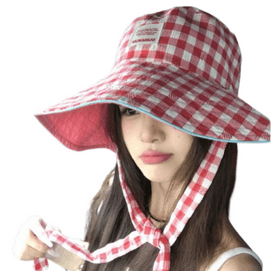 Summer Outdoor Outing Plaid Fisherman Hat Women Large Brim Foldable Double Wear Red Head Circumference (54-58cm) 1pc