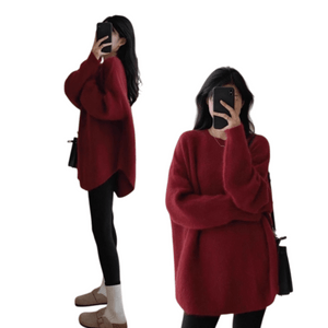 [중국 직배송] 고급스러운 곰돌이 한국 스타일 루즈핏 스웨터, 중간 길이, 라운드 넥, 슬릿 니트 스웨터, 와인 레드, 프리 사이즈
