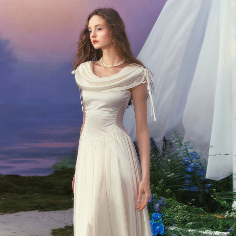 French Palace Design White Dress Slouch Neck Dress High-end White XL Size 6