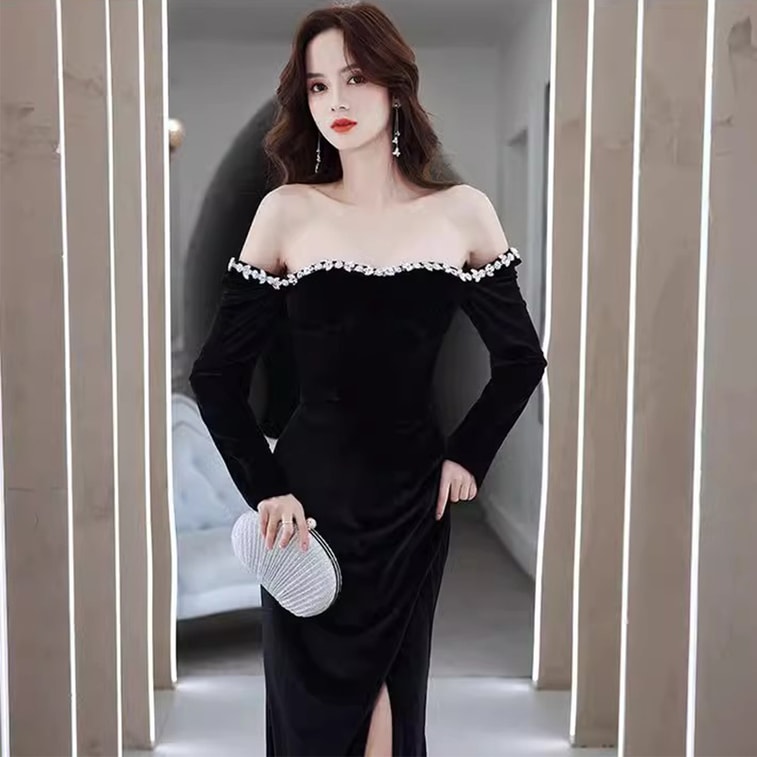 【中国直邮】 HSPM 轻奢小众party小礼服 高端圣诞聚会战袍 黑色丝绒连衣裙 黑色 L 7