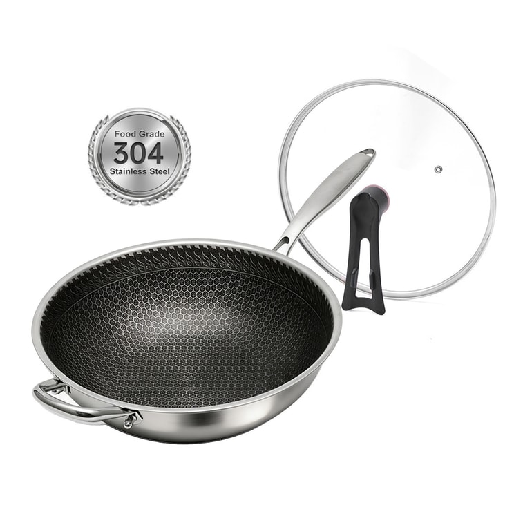 WANGYUANJI [Bonne casserole, pas délicate ⭐ Qualité équivalente, prix inférieur] Sous-marque JISHENG Wok en acier inoxydable de 28 cm, antiadhésif physique, acier inoxydable 304, texture nid d'abeille, couvercle autoportant, wok universel pour plusieurs cuisinières 7