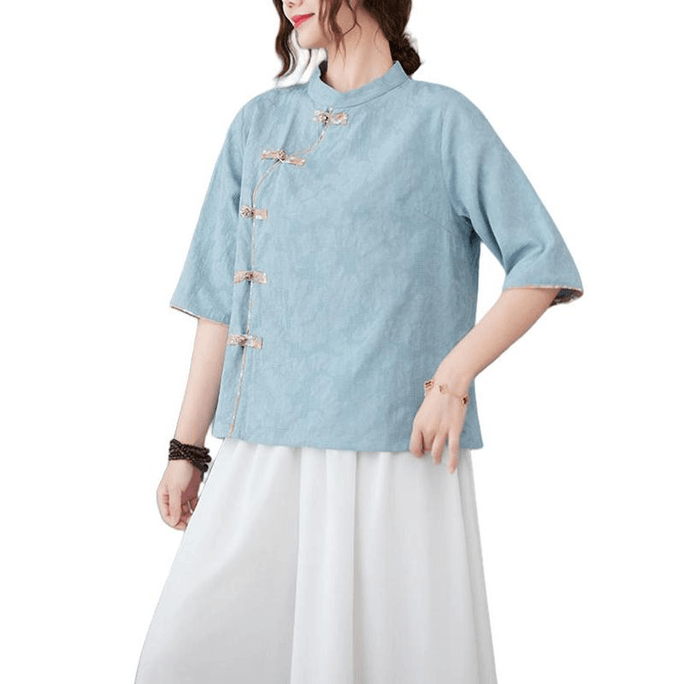 Chinese Style Cotton and Linen Slant Knot Button Mid-sleeve Shirt Top Blue M