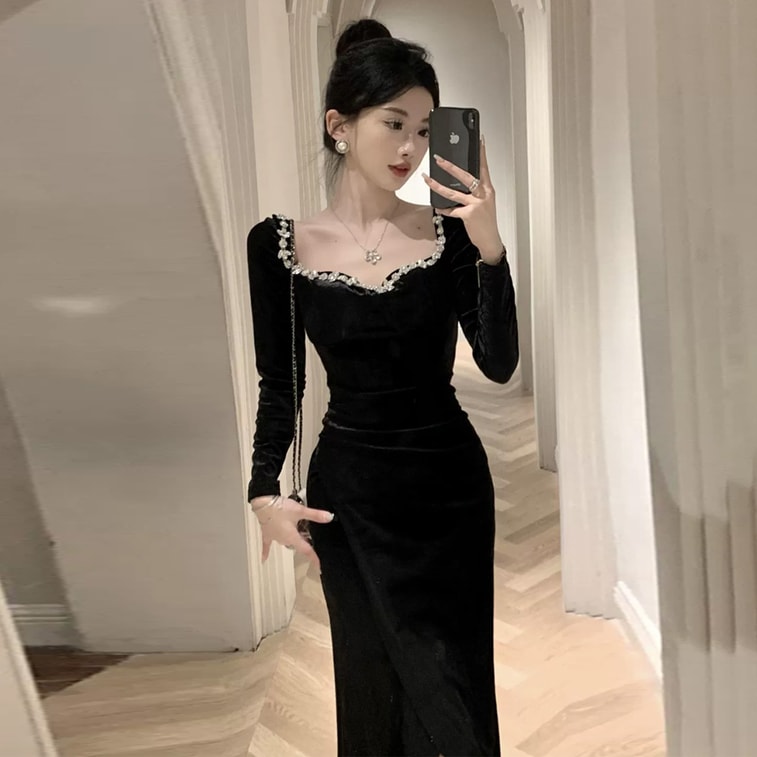 【中国直邮】 HSPM 轻奢小众party小礼服 高端圣诞聚会战袍 黑色丝绒连衣裙 黑色 L 4