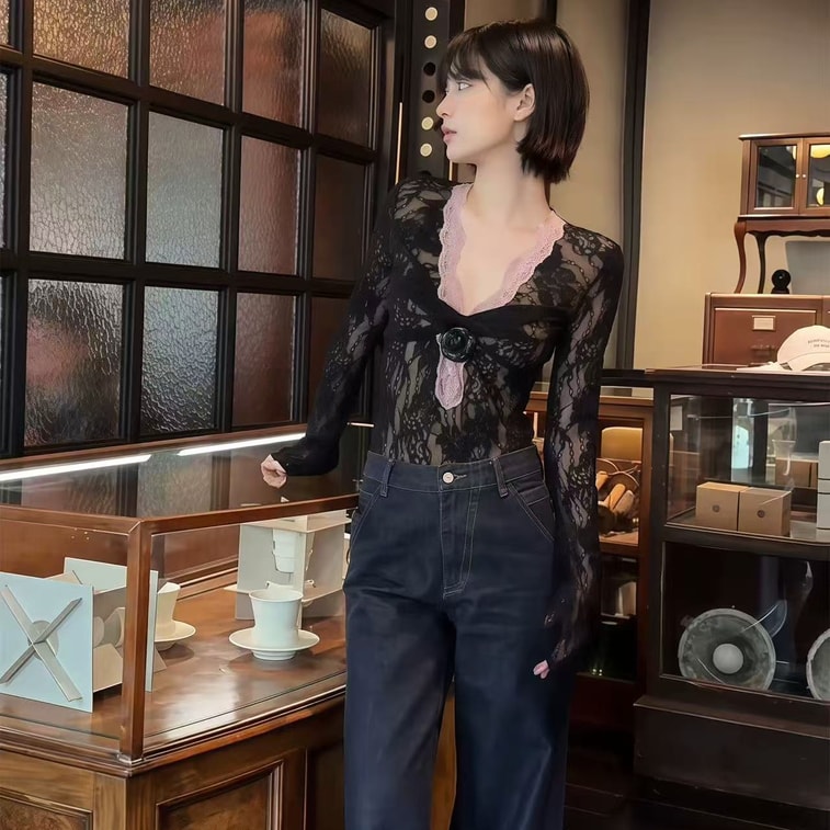 [캐나다 직배송] 시나리오 다크 로즈 레이스 탑, 블랙, 사이즈 S-L, 블랙 S 3