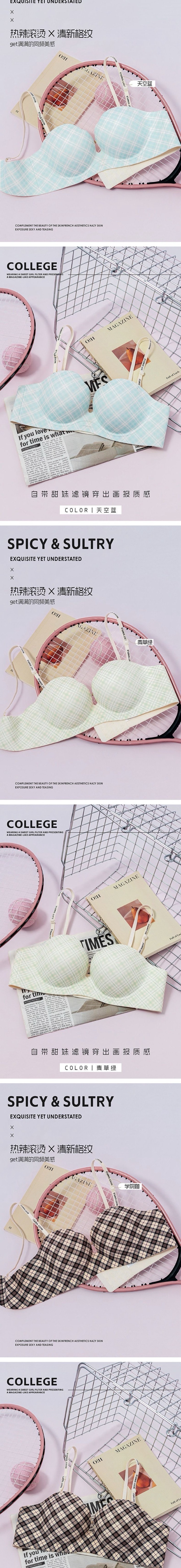 【Expédition directe de Hong Kong】 Soutien-gorge à armatures en coton pour femmes avec bretelles à carreaux et lettres, rose bonbon, 38/85AB, maintien souple, bonnets pétales sans trace, rehausse et remplit le sein.