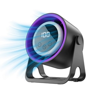 Version 4.0 Portable Desk Fan with 100-speed smart display. Stand, hang, or attach. 7-blade strong airflow, brushless motor. Night light, USB charge, long battery life.