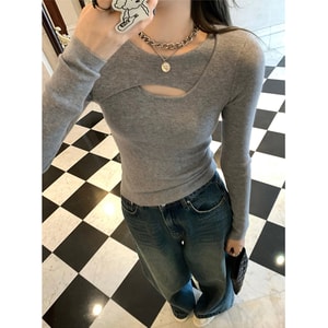 [중국에서 온 다이렉트 메일] HSPM 뉴 프렌치 레트로 스타일 다목적 중공 바닥 긴팔 스웨터 라이트 그레이 M