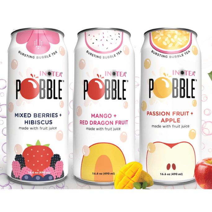 【Value Pack】POBBLE Bursting Bubble Tea 3-Flavor Assortment - Carbonated Fruit Teas, 3 Cans* 16.6oz
