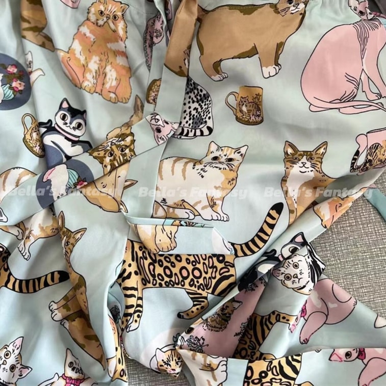 美国 Bella’s Fantasy Bella's Fantasy 赵露思同款猫咪手绘冰丝长袖长裤秋冬睡衣套装超热卖 水蓝色 M 14