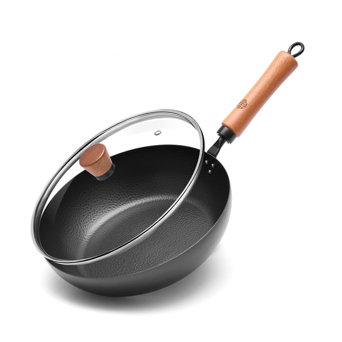 WANGYUANJI 11in Hammered Carbon Steel Pan Frying Pan with Beech Wooden Handle Glass Lid