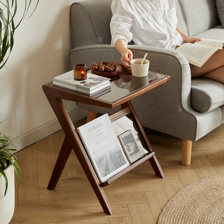 Z-Shaped Wood Side Table With Removable Glass Top - A Contemporary