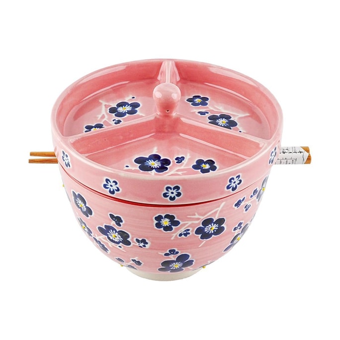 日式陶瓷拉面碗 泡面碗 带调料小菜分隔盖子筷子 一人食餐具 粉色