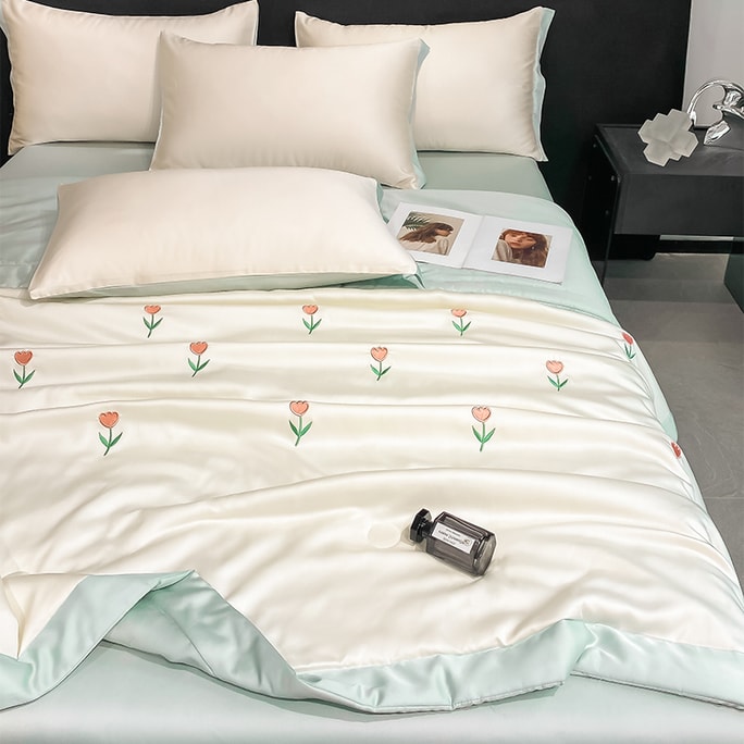 【中國直郵】 Lullabuy 涼夏 水洗冰絲刺繡夏涼被空調被四件套 Queen Size 雪山之花-藍