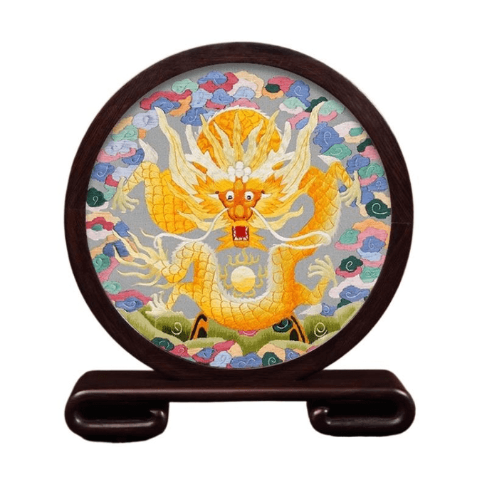 【中国直邮】 全程锦绣 苏绣 手工真丝蚕线刺绣工艺品摆件 威龙戏珠 21.5*24*4.5cm