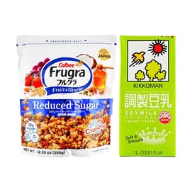 【 Breakfast Combo】 CALBEE Frugra Fruit Granola Reduced Sugar, 12.35oz & KIKKOMAN Soy Milk, Original Flavor , 33.81 fl oz