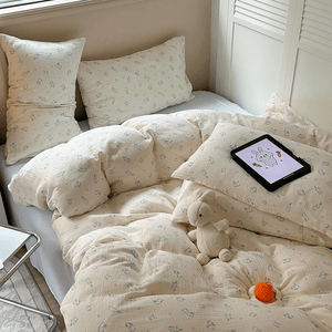 [중국에서 직접 우편] Lullabuy Bunny Lullaby 순면 2중 레이어 크링클 원사 침구 세트 4종 침구 가정용품 (침대 시트*1+이불 커버*1+베개 커버*2) 킹 사이즈