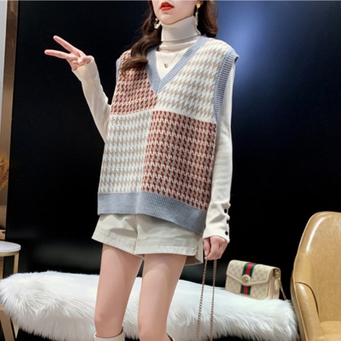 New Knitted Tank Top Sweater Vest Gray Collar All In One Size