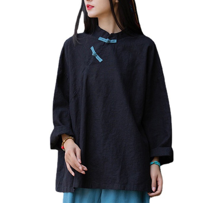 Chinese Style Ramie Colorblock Retro Button Casual Blouse T Shirt For Women Black Onesize