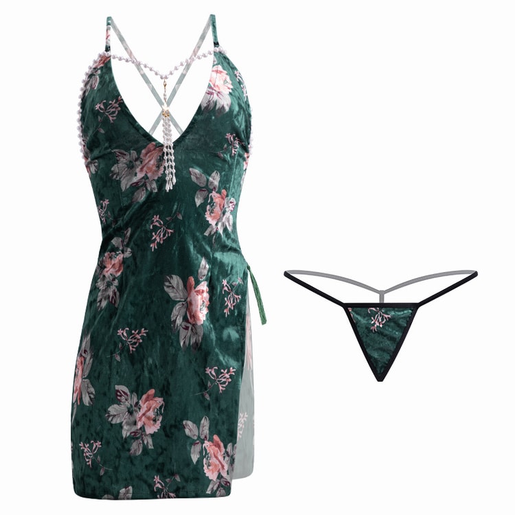 Fun Lingerie Sexy High Waist Split Bead String Celebrity Qipao Nightgown Dark  Green One Size