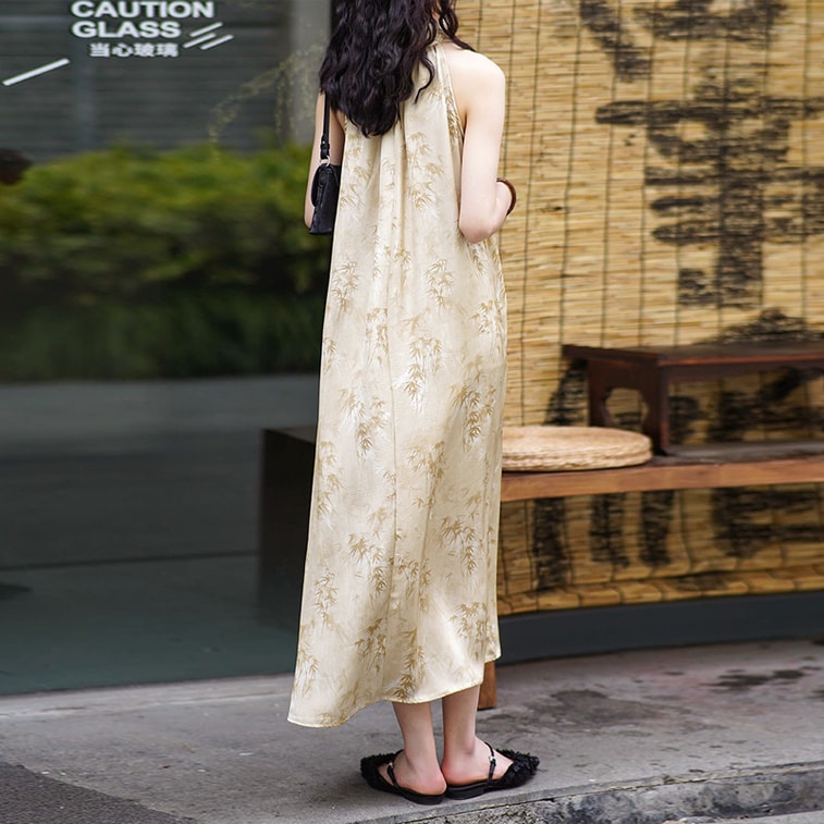 【中國直郵】HSPM 新款掛脖繫帶無袖A字吊帶連身裙 杏色 M 3