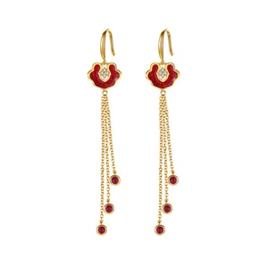 Chinese Style Silver Ear Hook Red Enamel Ruyi Diamond Inlaid Earrings with 3 Fuchsia Diamond Drops Simple Elegant New Year Women's Jewelry 1 Pair