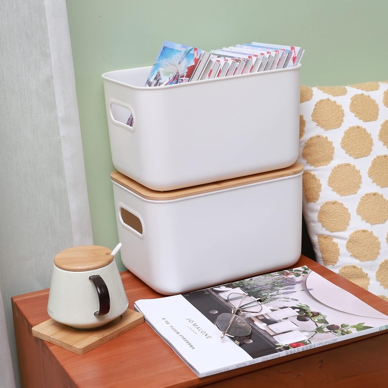 Citylife 2 Pcs Storage Bins With Bamboo Lids Plastic Stackable Storage Box With Handle 10.2 X 7 X 6.3 Inch 5