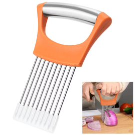 바이링케 양파 슬라이서 홀더, 스테인리스 스틸 양파 커터, 오렌지색. 양파, 아보카도, 계란을 쉽고 정확하게 썰 수 있습니다. 식기세척기 사용 가능하며 보호 덮개가 포함되어 있습니다.