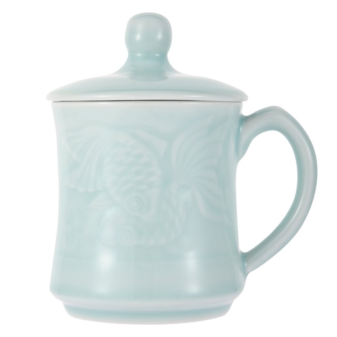 Celadon Teacup Coffee Mug Milk Cup Green Valley Pisces Pattern Celadon Cup with Lid 13oz Light Greenish Blue