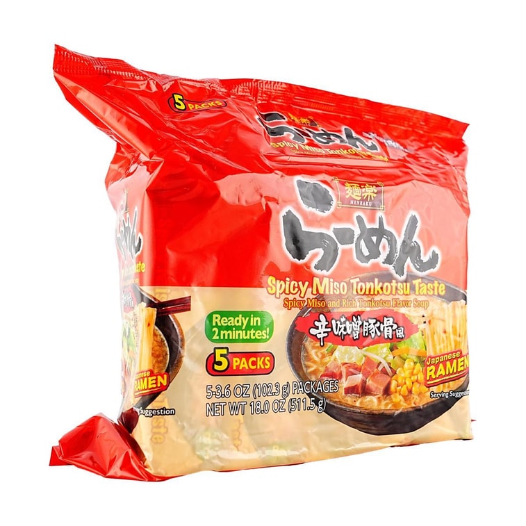 Menraku Japanese Ramen - Instant Noodles , Spicy Miso Tonkotsu Taste -Spicy Miso And Rich Tonkotsu Flavor Soup ,5 Pack 5