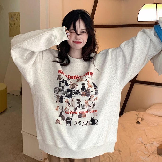 【中国直送】HSPM 新品 アメリカン 漫画 プリント ルーズ プルオーバー ラウンドネック スウェットシャツ 犬 ぬいぐるみ XL