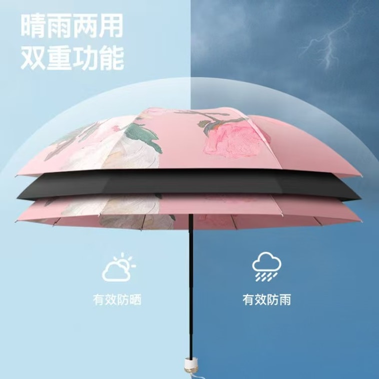 海蓝星 晴雨两用 SPF 50 三折双层太阳伞 五折轻巧 黑漆钢骨  优质印花 防晒防紫外线 白玫瑰 一件 4