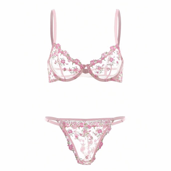 【NEW YORK】Bella’s Fantasy Mia Floral Embroidery Sheer Mesh Underwire Lingerie Set Bra and Thong size M