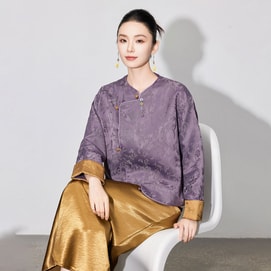 【中国直邮】 HSPM 新中式提花吊坠长袖外套 国风圆领盘扣上衣 紫色提花外套 L