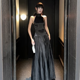 【中国直邮】 HSPM 法式挂脖连衣裙  订婚晚宴生日小轻礼服裙 气质绝美长裙  黑色 小个子款 M