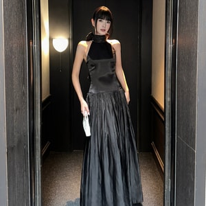 French Halter Dress Engagement Dinner Birthday Cocktail Gown Elegant Maxi Dress Black  Model Version S