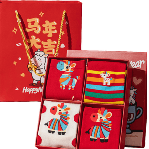 2026 Year of the Horse New Year Red Socks, Red Socks for Your Zodiac Year, Rainbow Horse Gift Box, 4 Pairs