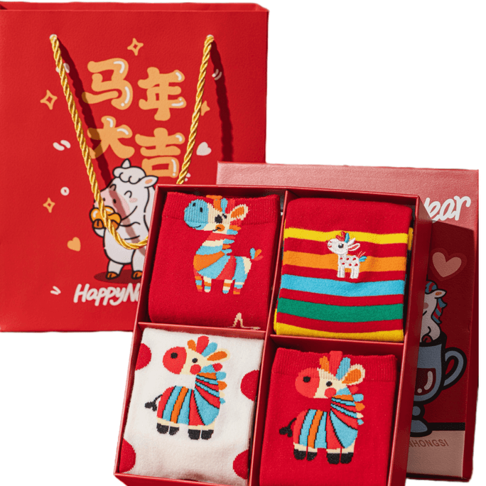 허메이홈 [신년 선물] 말띠 해 빨간 양말 선물 세트, 2026년 새해 결혼 선물, 귀엽고 따뜻한 종아리 중간 길이 양말, 긴 양말, #무지개말선물세트 (4켤레)