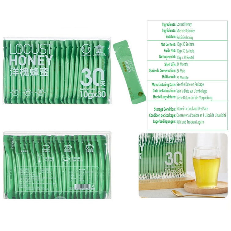 【Expédition directe du Canada】 Junxiang Miel d'acacia Miel pur naturel sauvage 300g (10gX 30p) Thé de l'après-midi Tisane Aromatisant miel ! Peut être utilisé pour préparer des boissons, cuisiner, cuire au four, ou consommer directement, emballage individuel pratique pour le bureau et la maison. Cadeau de fête. 6