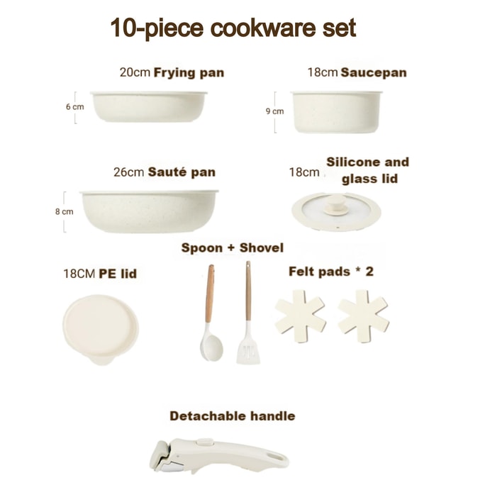 扶桑 【白色极简】不粘锅具10件套 可拆卸把手 硅胶锅铲汤勺 收纳整洁 不粘易清洗 带隔热垫 白色
