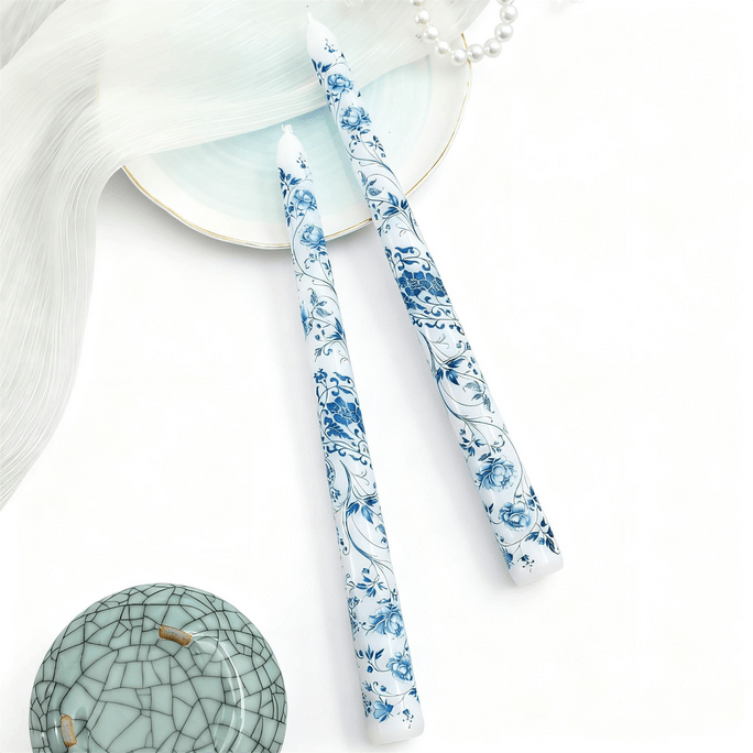  Chinese Blue and White Porcelain Candles for Weddings and Festivals Smokeless Candles for Home Use | 25cm, 2 Pairs