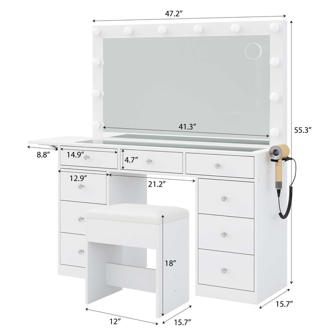 【 US Direct Mail 】 Dressing table + dressing chair warm and cool 3-color LED light extra-large size 9 drawers