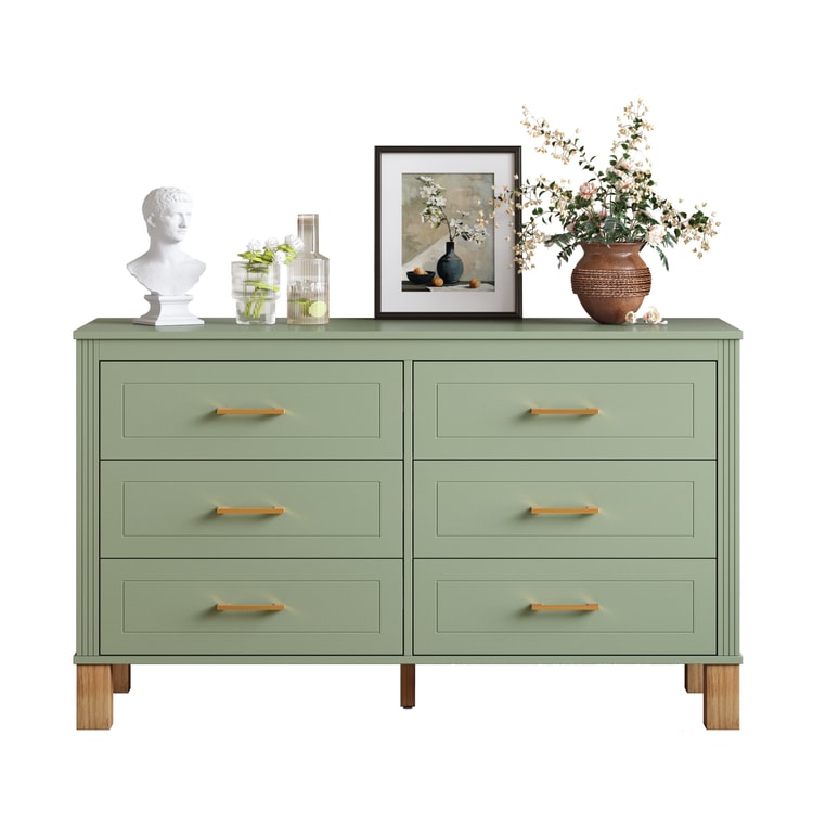 green dresser gold handles 6-Drawer Double Sage 47.24x17.72x29.92in【Fresh & Natural】Gold Metal Handles, Solid Wood Legs, Ball-Bearing Slides, Anti-Tip Device【Kids Room·Bedroom·Living Room】Sturdy Storage Cab dark emerald green dresser