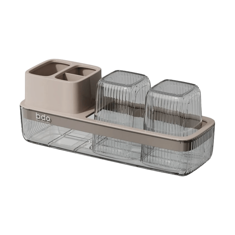BDO 牙杯牙刷置物架 洗漱杯套装 电动牙刷架牙膏收纳架漱口杯子 透明黑/浅咖 7