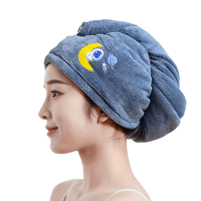 【中國直郵】 家簡塵除 珊瑚絨雙層乾髮帽 藍色太空人/件 速乾毛巾 加厚吸水 擦頭髮包頭巾
