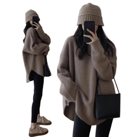 Loose Fit Medium-Length Knit Sweater with Round Neck and Split Hem Coffee Brown One Size