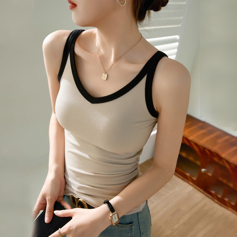 【Livraison directe depuis la Chine】 Haut court à col en V HSPM couleur avoine avec noir Taille M 1 pièce Design haut de gamme bicolore à porter seul ou en superposition 3