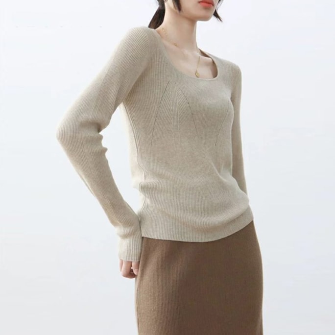 New Square Neckline With Base Slim Fit And Slimming Knit Sweater Oat Rice M